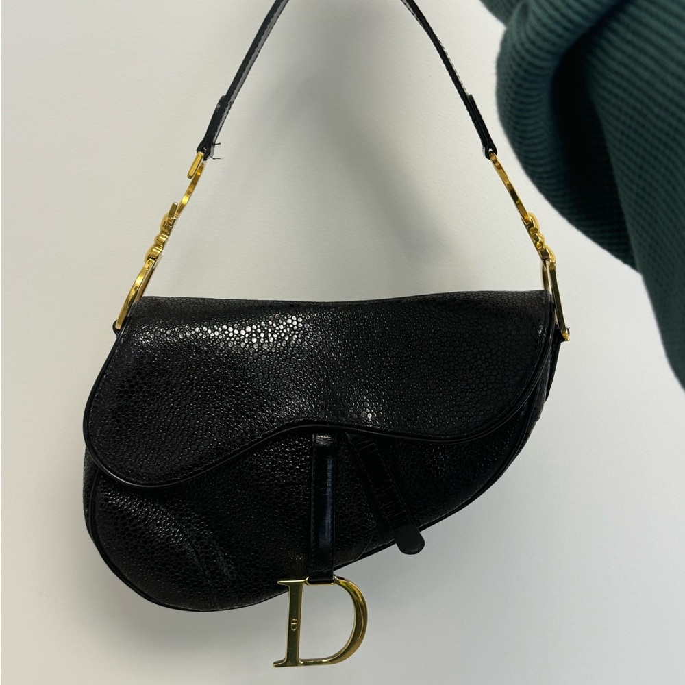 Black Textured Leather Saddle Bag